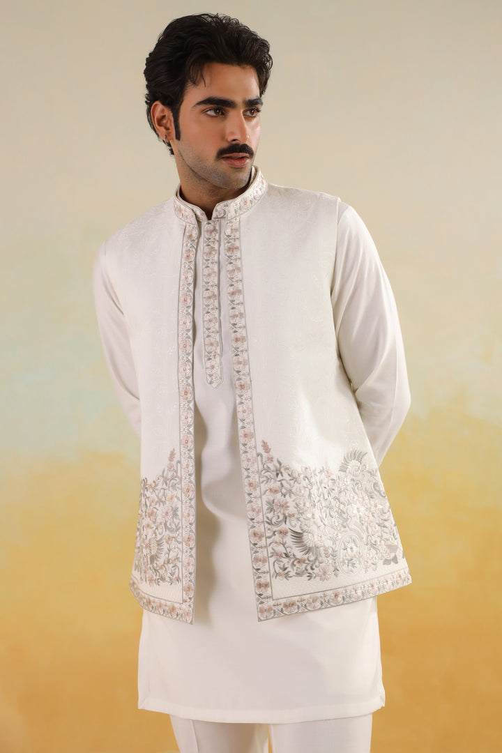 Embroidered Off White Jacket Kurta Set - JT45295-5220