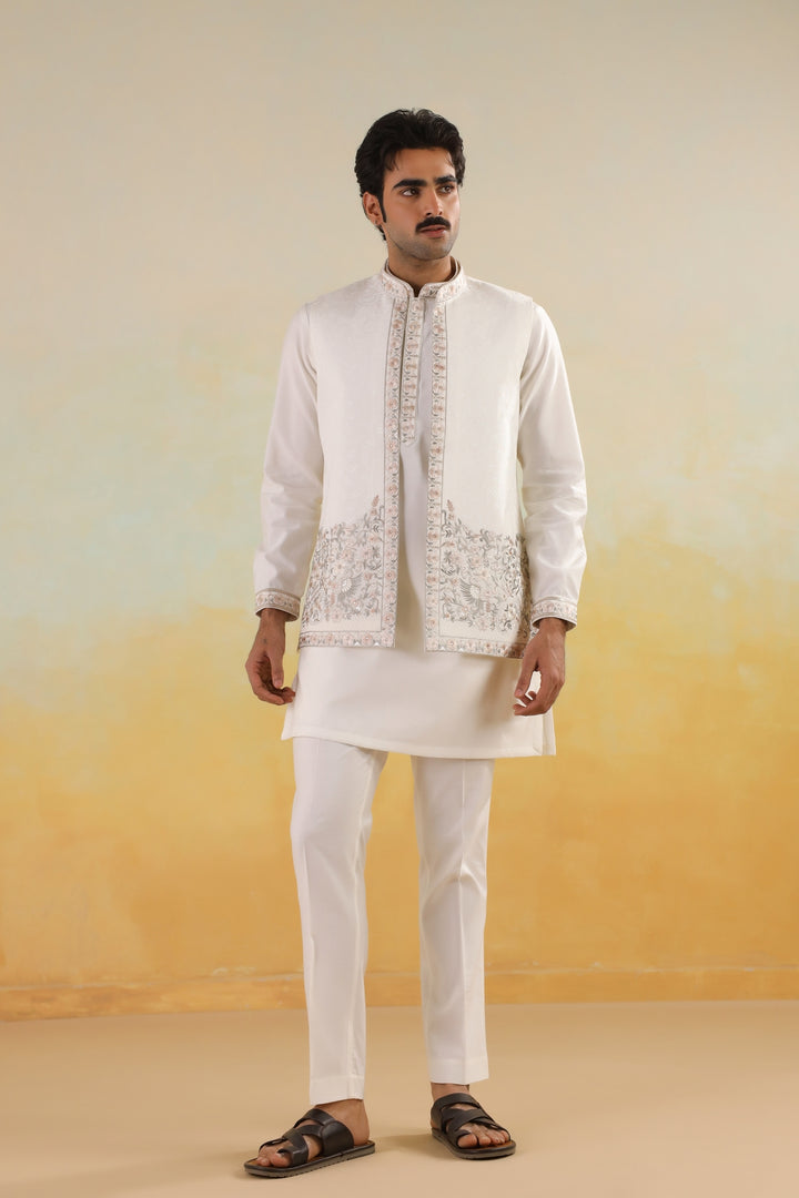 Embroidered Off White Jacket Kurta Set - JT45295-5220
