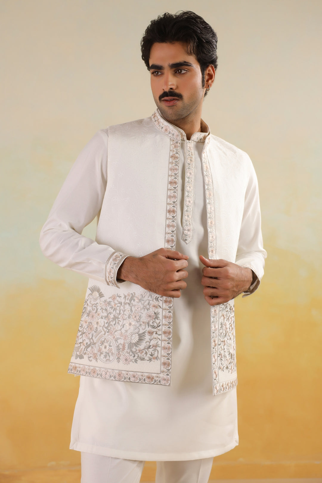 Embroidered Off White Jacket Kurta Set - JT45295-5220