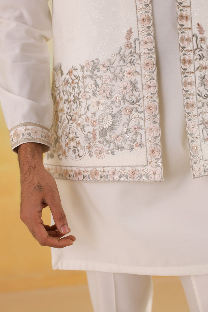 Embroidered Off White Jacket Kurta Set - JT45295-5220