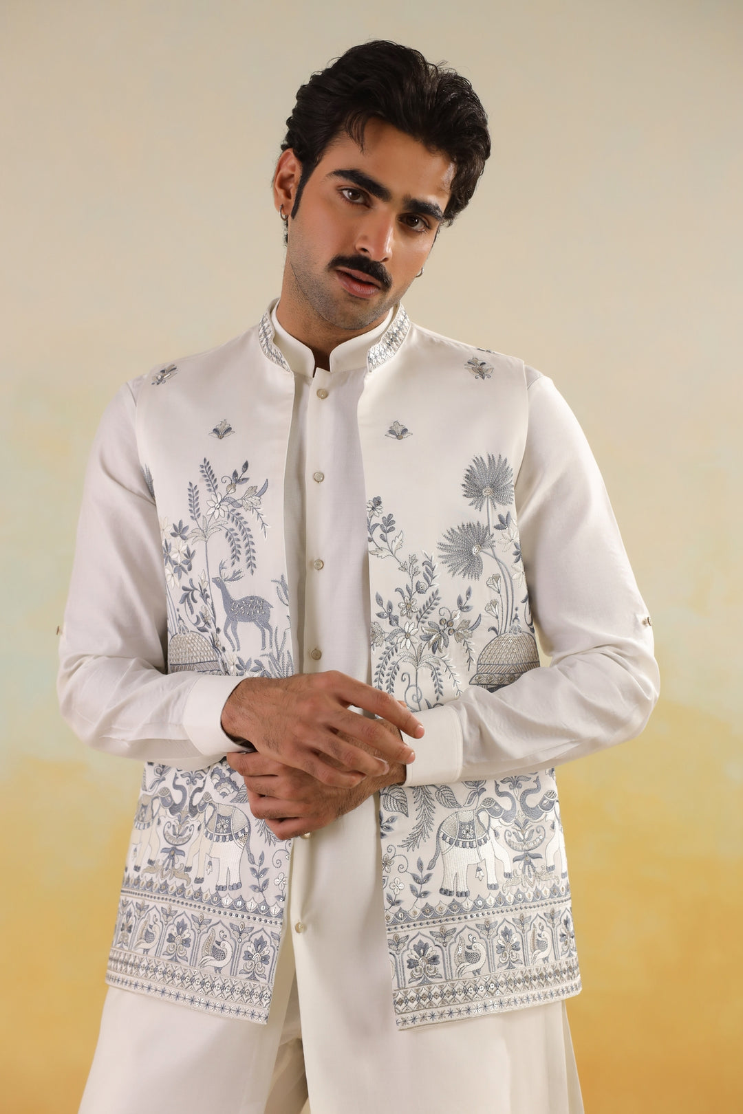 Floral Off White Jacket Kurta Set - JT45722-1