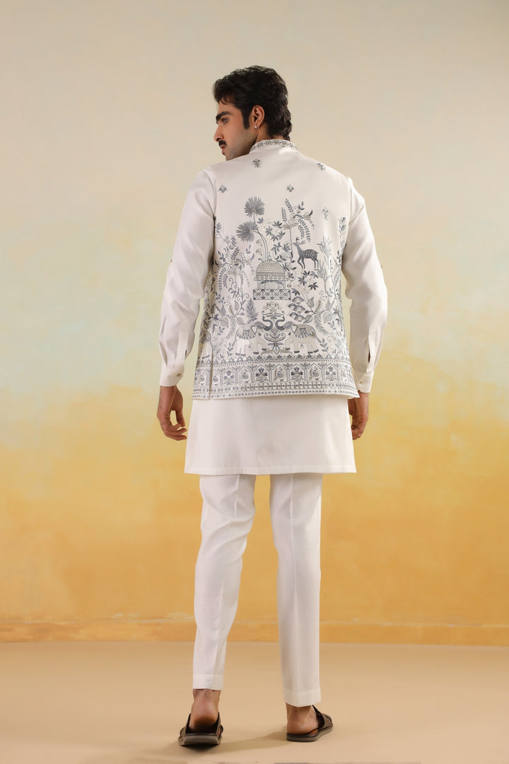 Floral Off White Jacket Kurta Set - JT45722-1