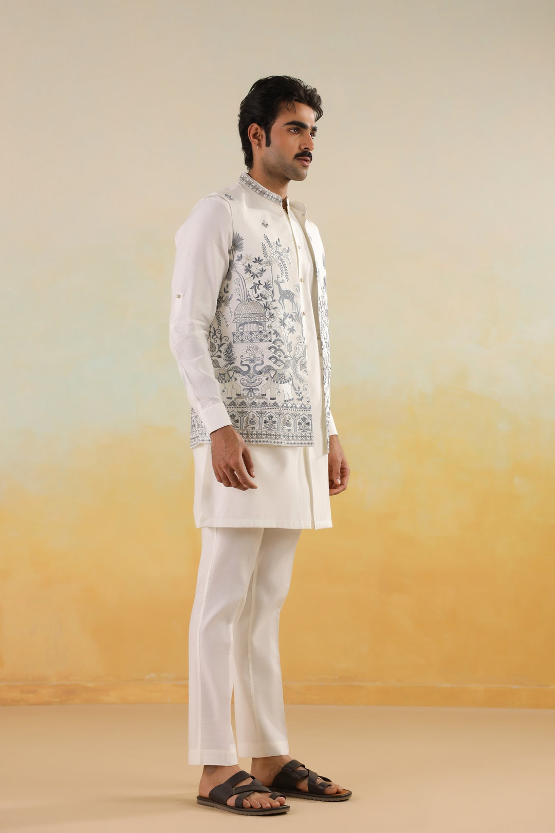 Floral Off White Jacket Kurta Set - JT45722-1