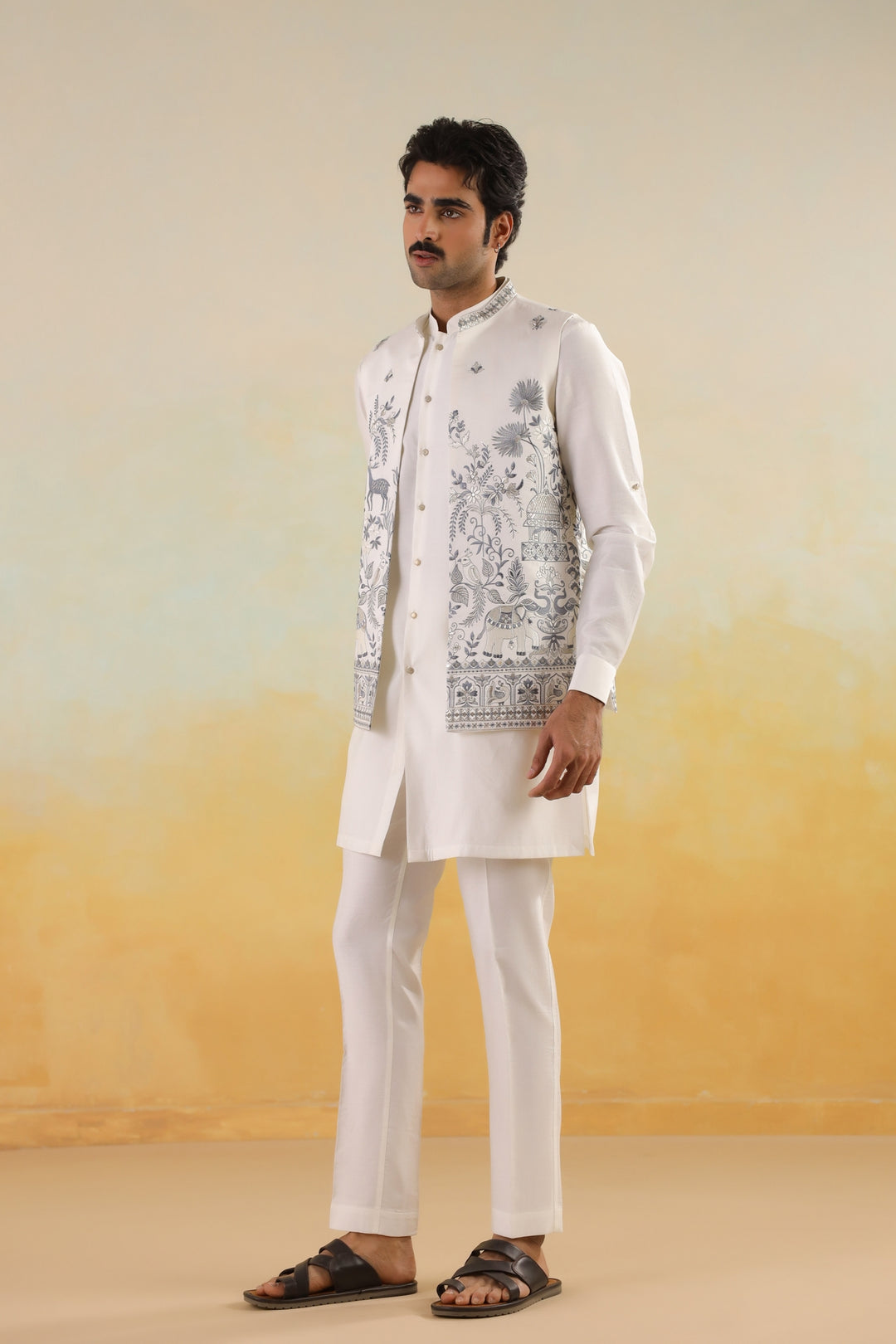 Floral Off White Jacket Kurta Set - JT45722-1