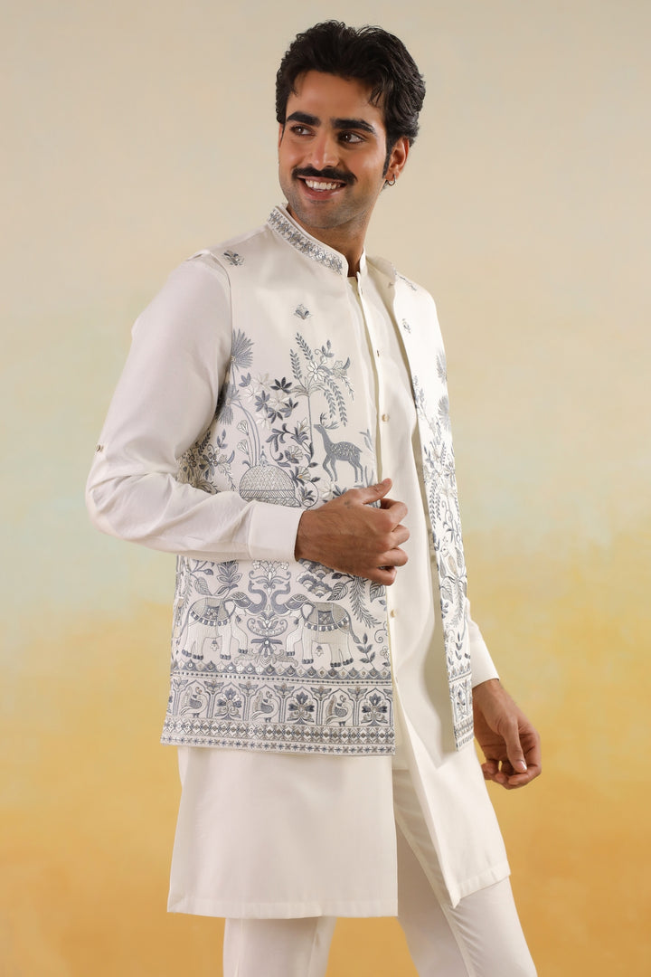 Floral Off White Jacket Kurta Set - JT45722-1