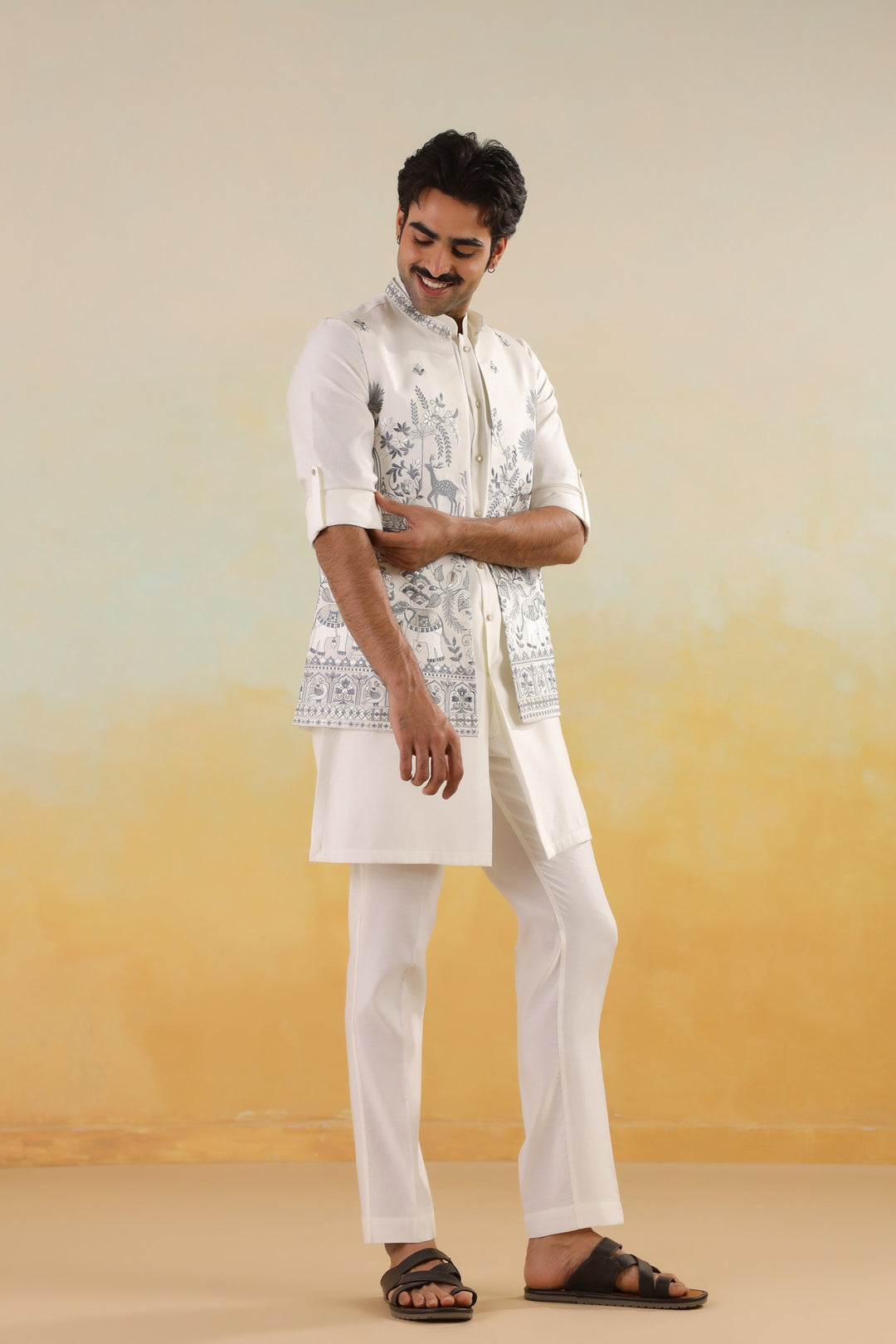 Floral Off White Jacket Kurta Set - JT45722-1