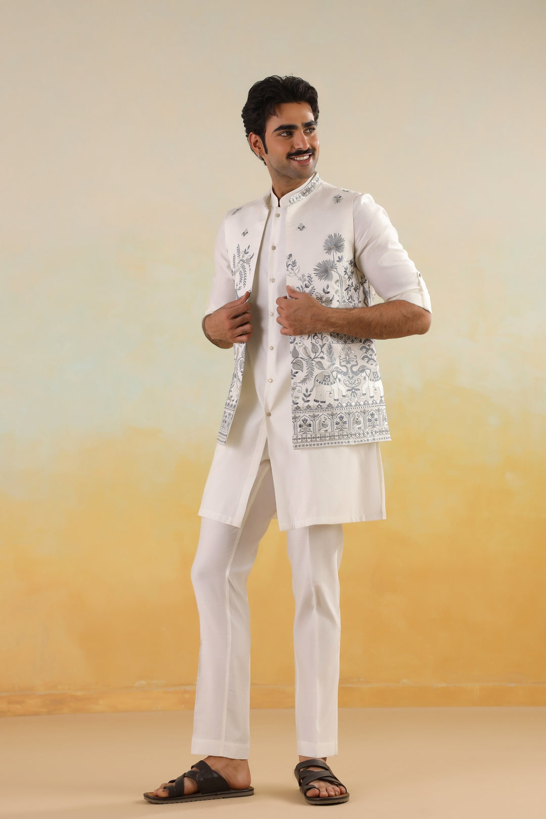 Floral Off White Jacket Kurta Set - JT45722-1