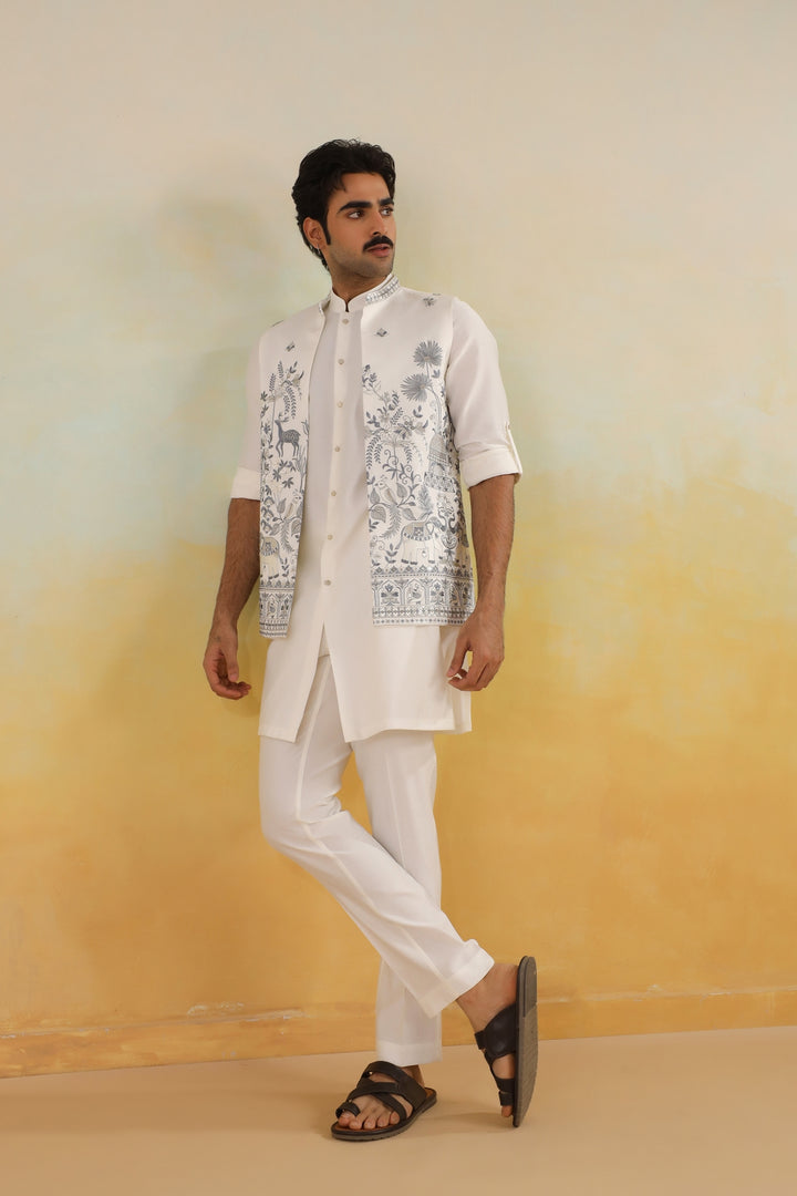 Floral Off White Jacket Kurta Set - JT45722-1
