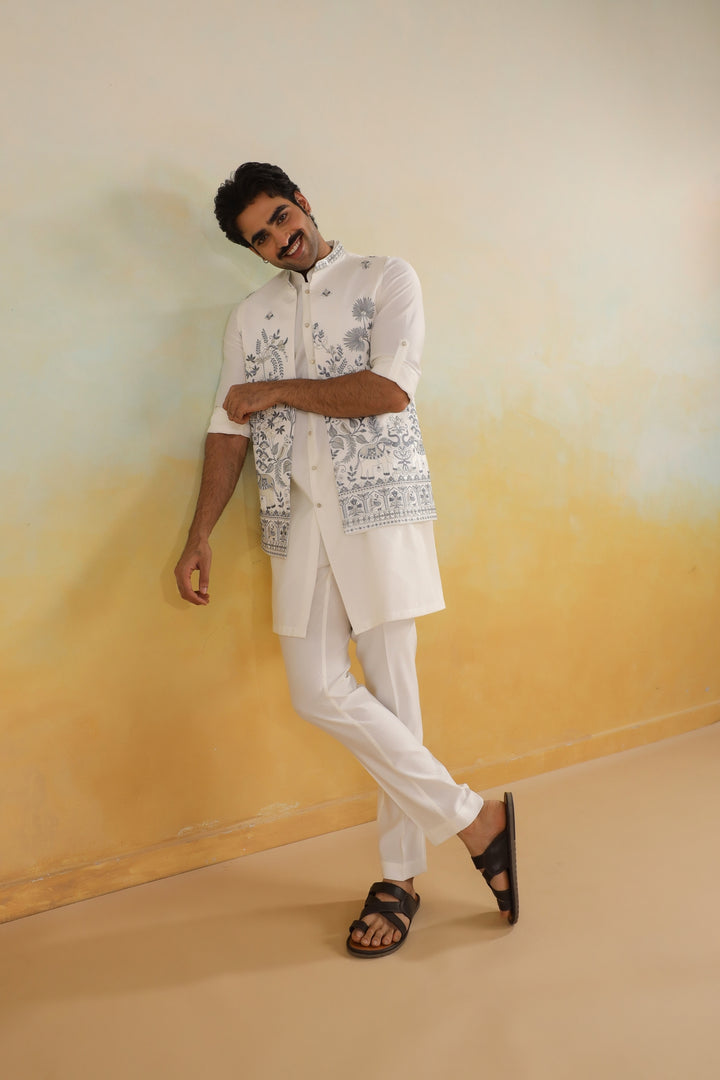 Floral Off White Jacket Kurta Set - JT45722-1