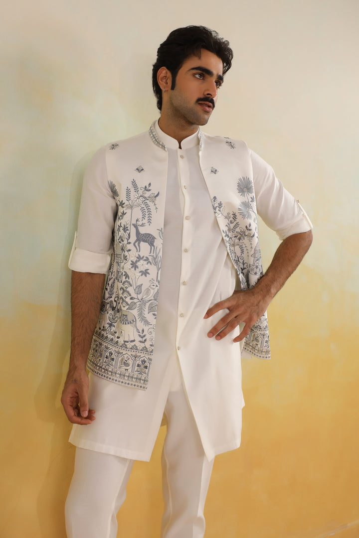 Floral Off White Jacket Kurta Set - JT45722-1