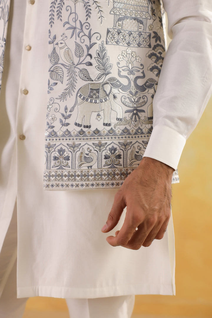 Floral Off White Jacket Kurta Set - JT45722-1