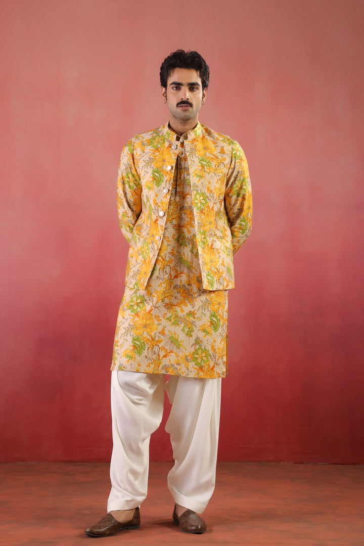 Floral Yellow Nehru Jacket - B46770-40/2