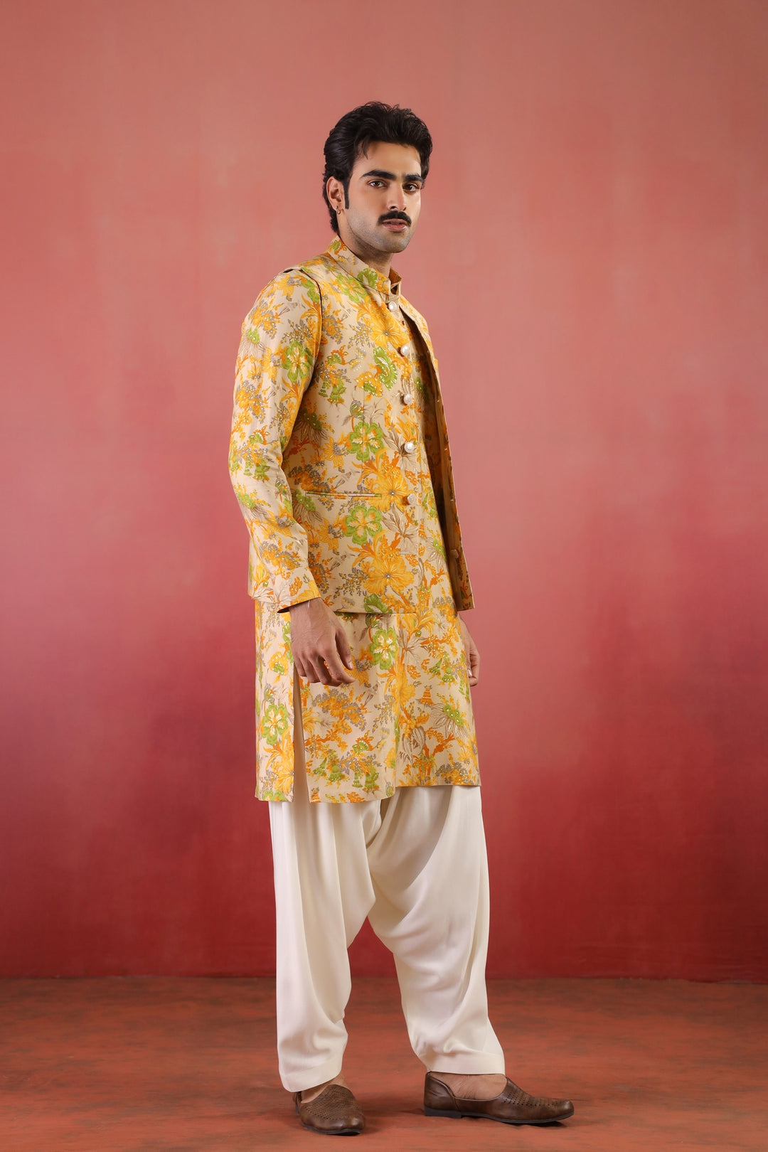 Floral Yellow Nehru Jacket - B46770-40/2