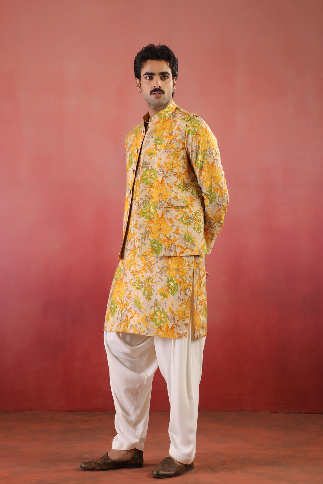 Floral Yellow Nehru Jacket - B46770-40/2