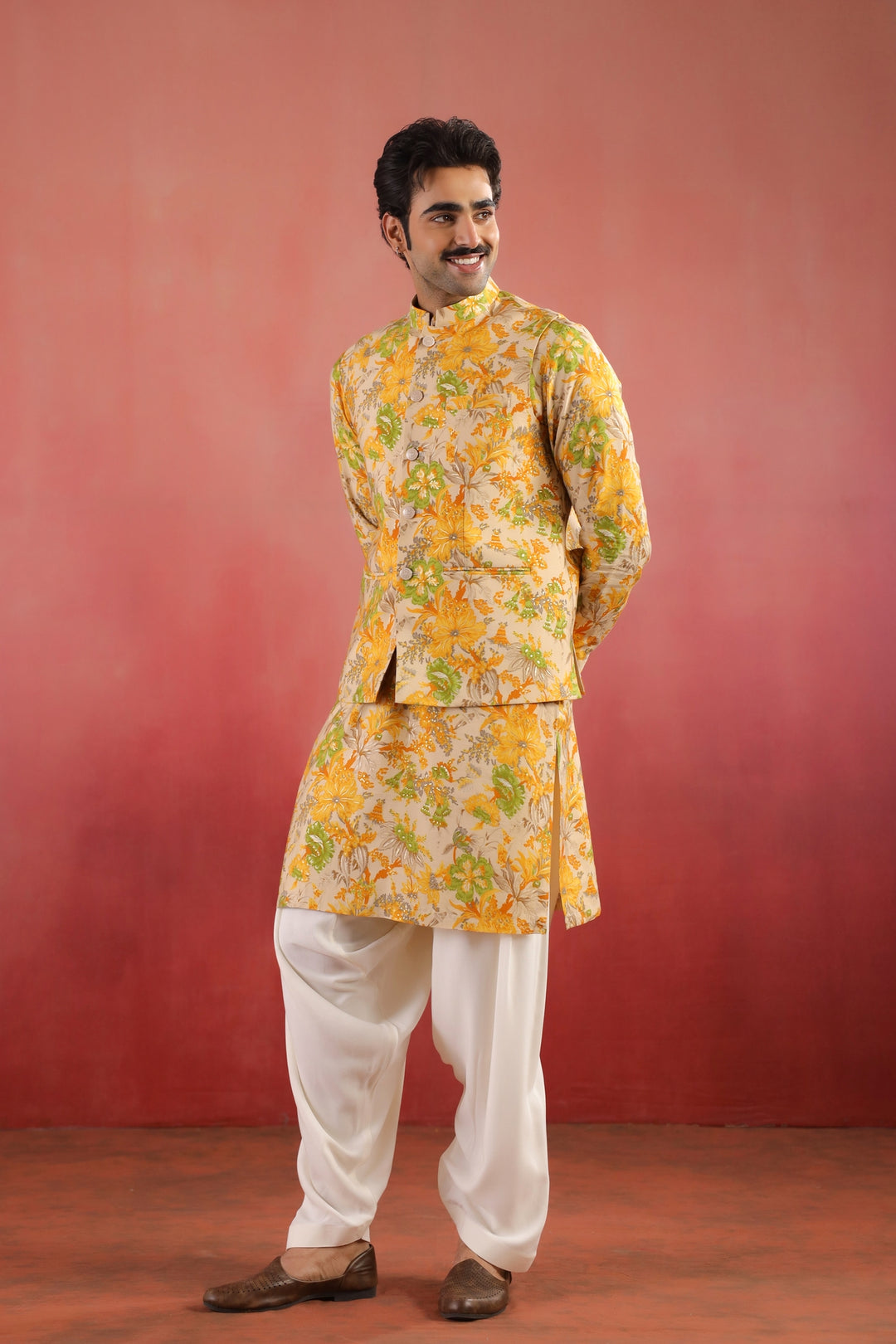 Floral Yellow Nehru Jacket - B46770-40/2
