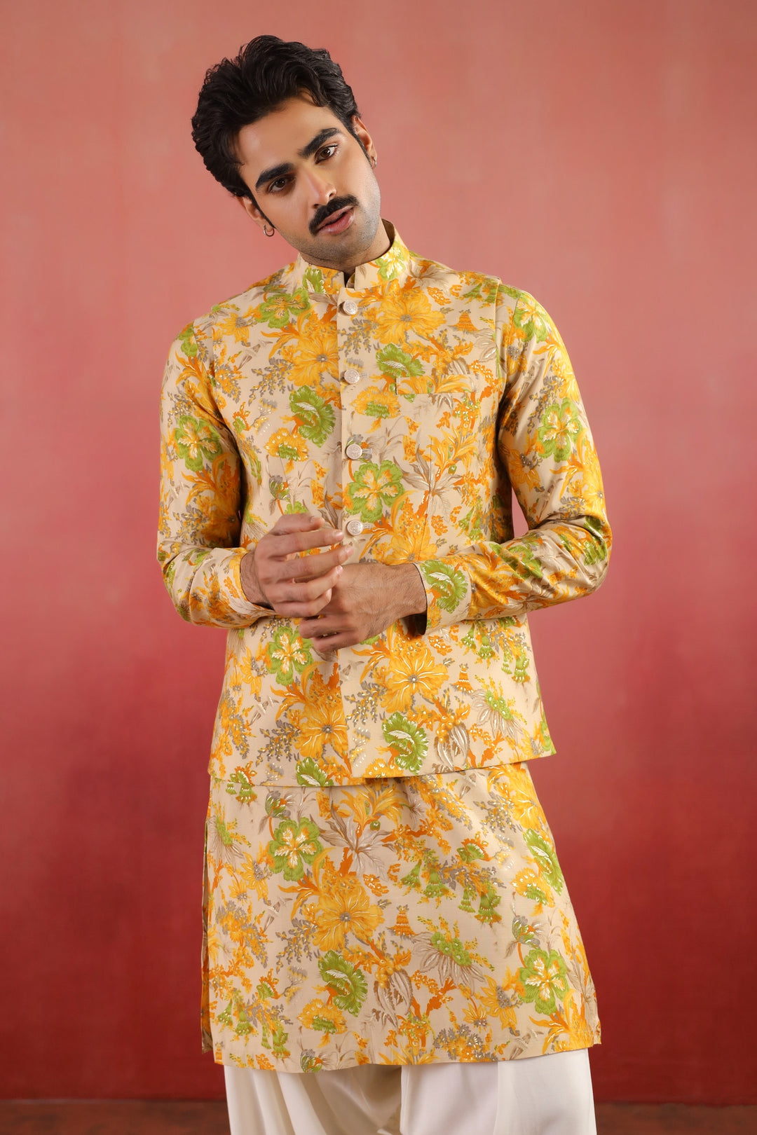 Floral Yellow Nehru Jacket - B46770-40/2