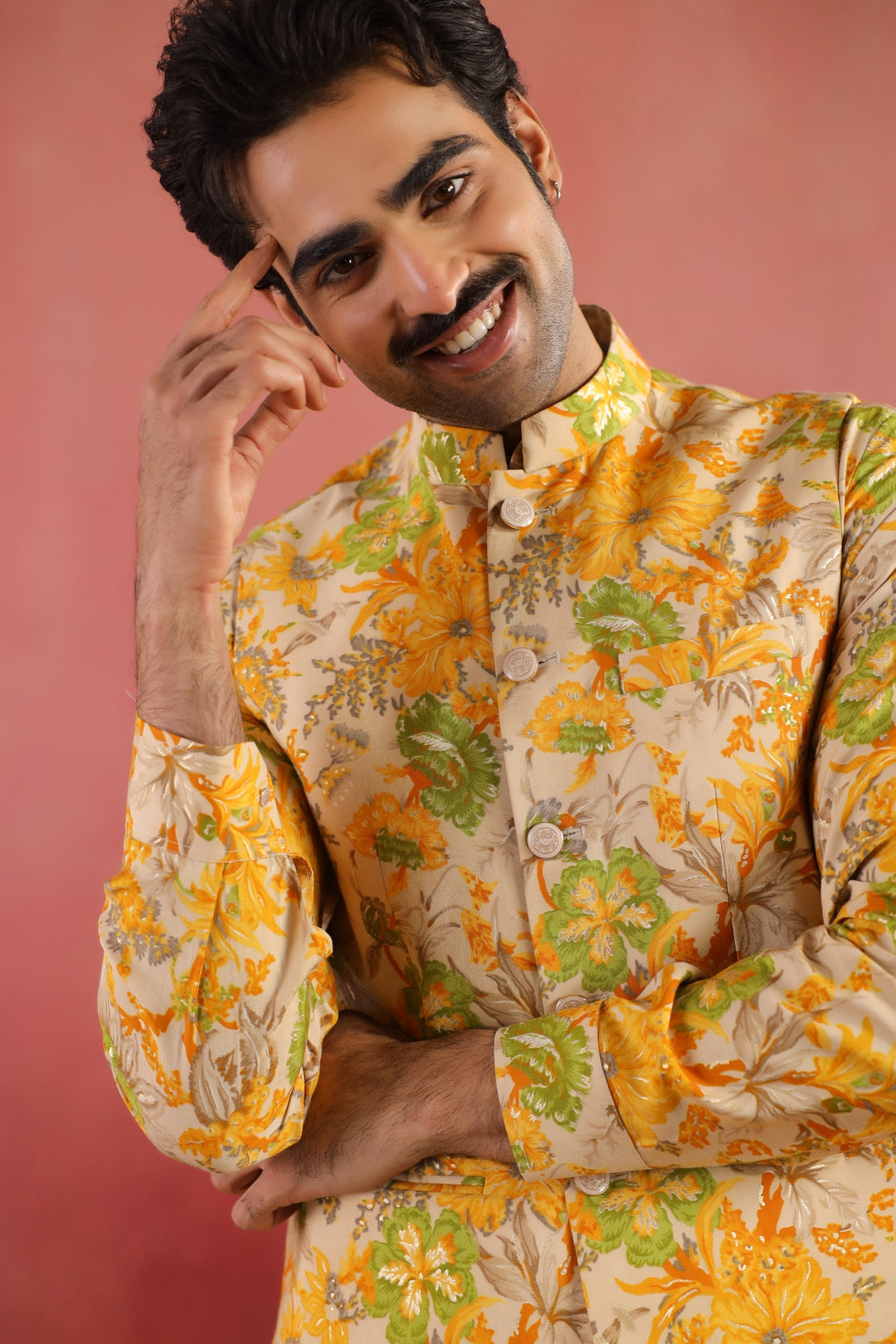 Floral Yellow Nehru Jacket - B46770-40/2