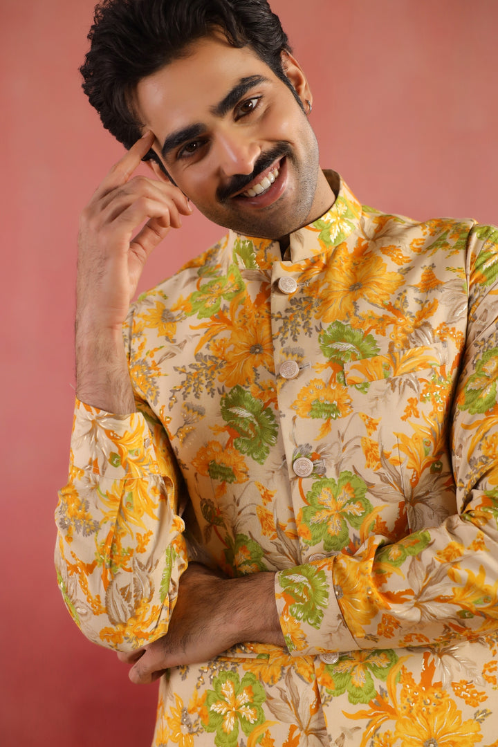 Floral Yellow Nehru Jacket - B46770-40/2