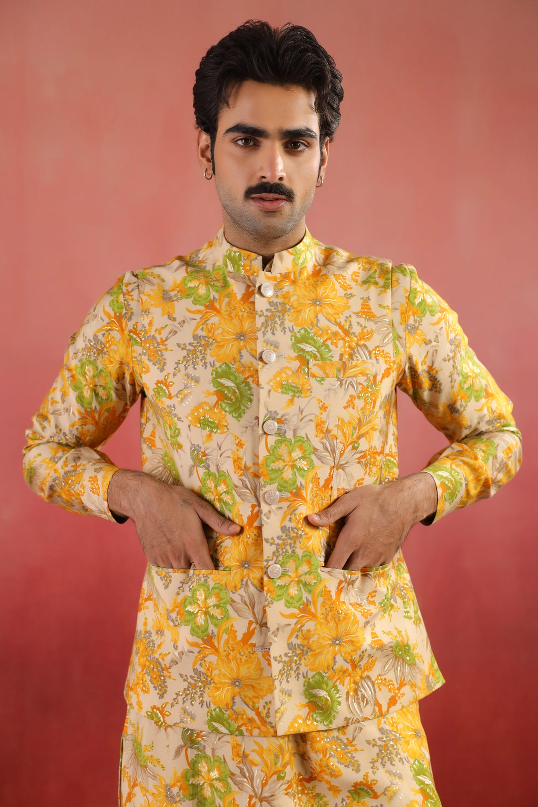 Floral Yellow Nehru Jacket - B46770-40/2