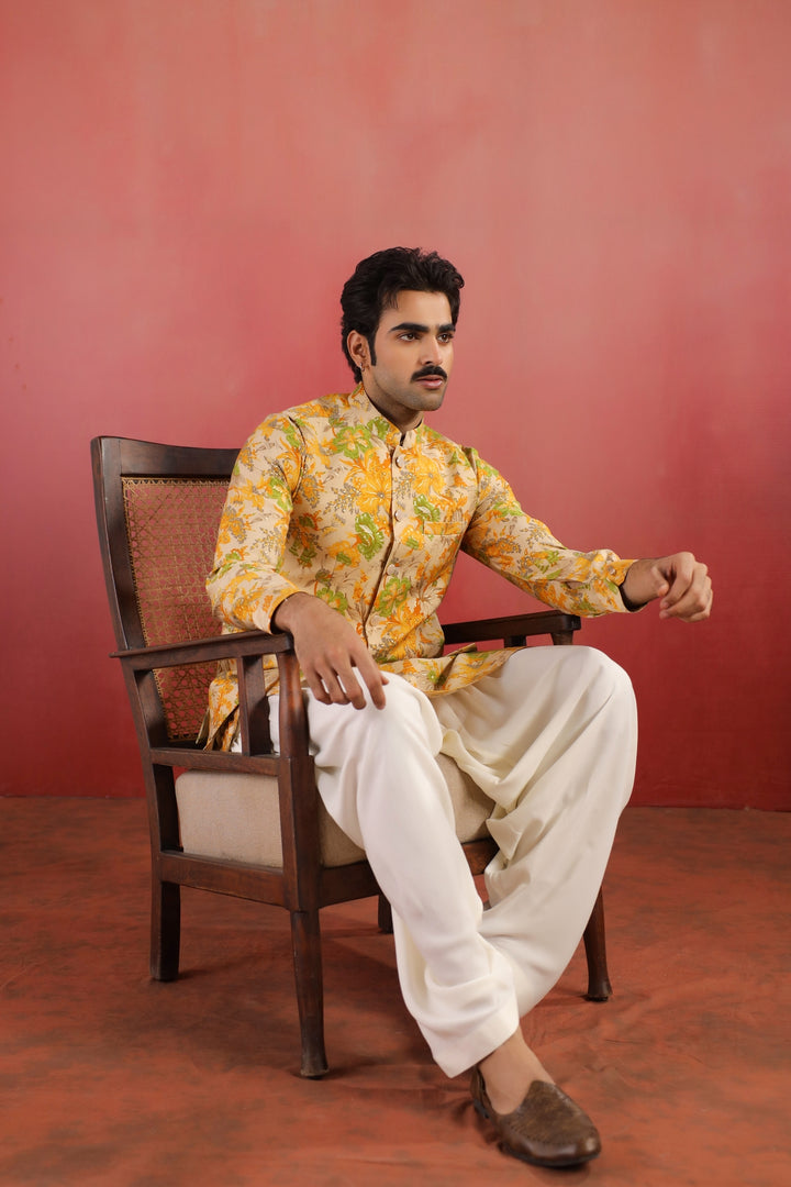 Floral Yellow Nehru Jacket - B46770-40/2