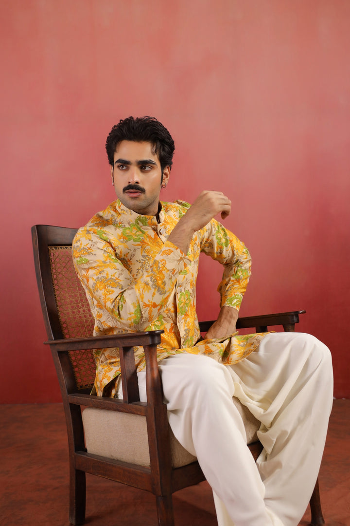 Floral Yellow Nehru Jacket - B46770-40/2