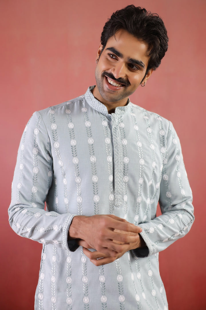 Embroidered S.blue  Kurta Set - KM46754-2