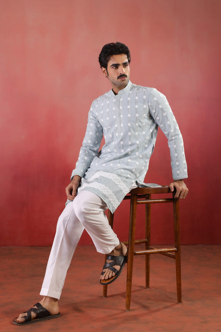 Embroidered S.blue  Kurta Set - KM46754-2