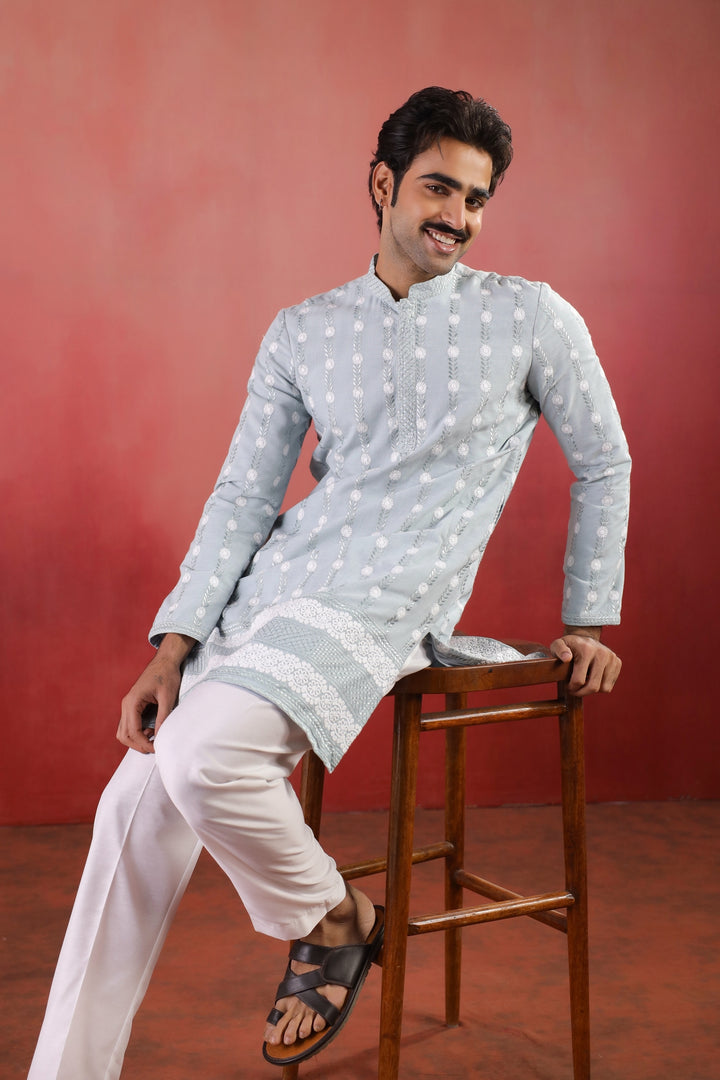 Embroidered S.blue  Kurta Set - KM46754-2