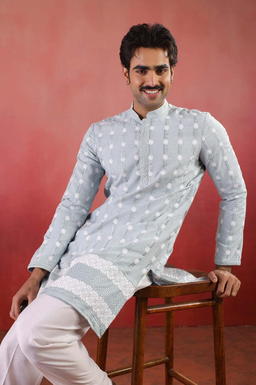 Embroidered S.blue  Kurta Set - KM46754-2