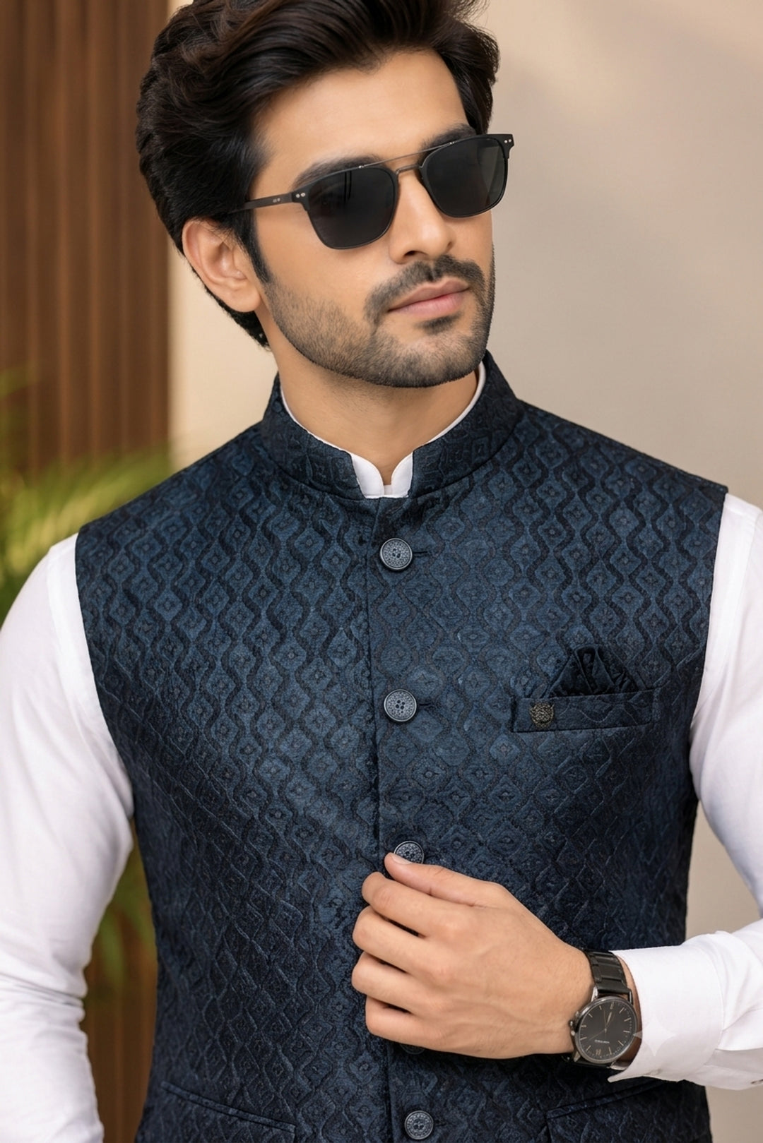 Geometric Navy Blue Nehru Jacket - B47880-103