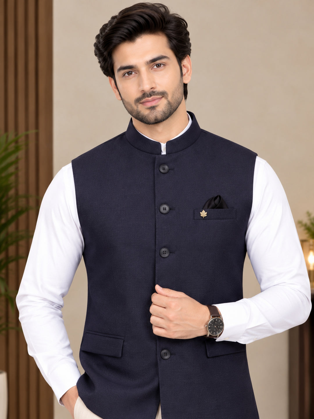 Self Design Wine Nehru Jacket - B47885-101