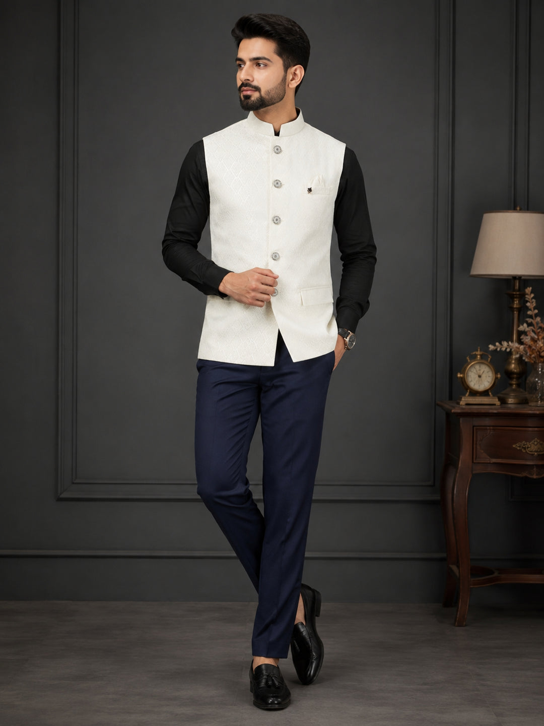 Geometric Cream Nehru Jacket - B47881-59