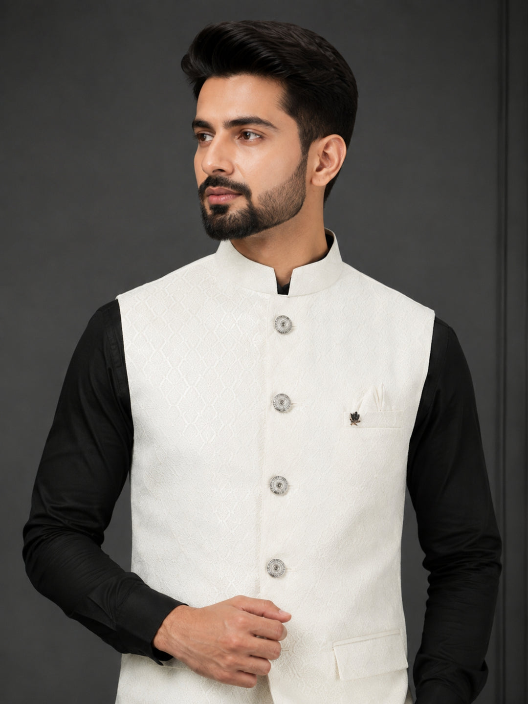 Geometric Cream Nehru Jacket - B47881-59
