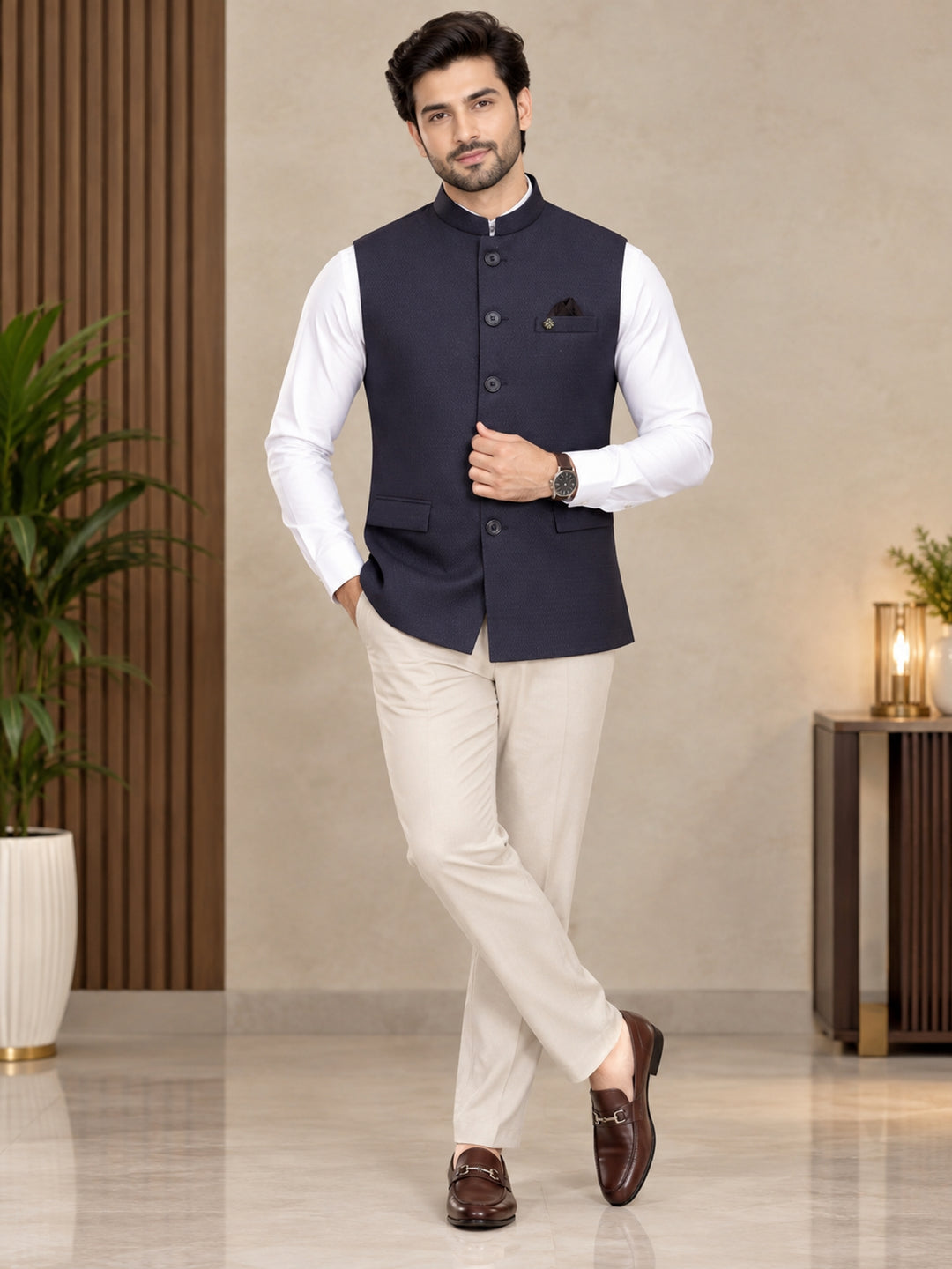 Self Design Wine Nehru Jacket - B47885-101