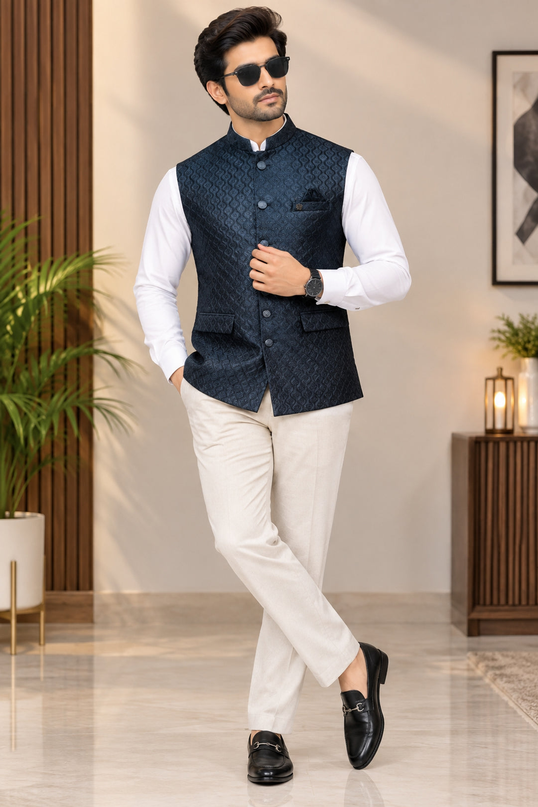 Geometric Navy Blue Nehru Jacket - B47880-103