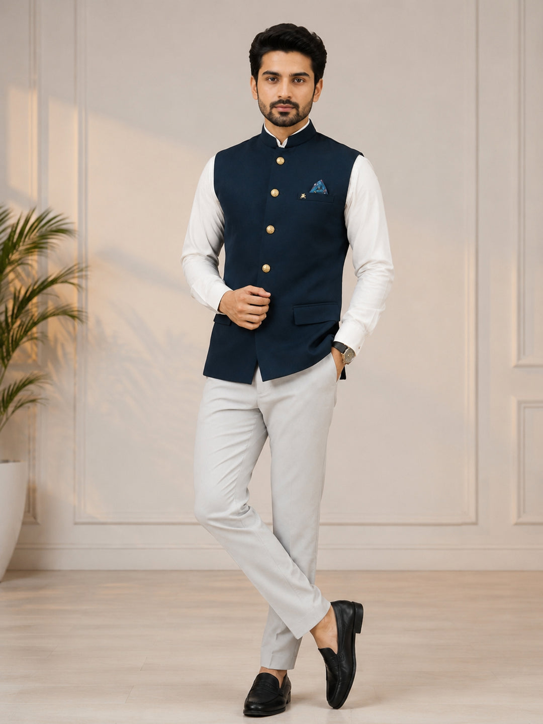 Solid Blue Nehru Jacket - B47884-106