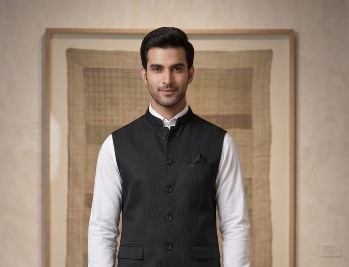 Self Design Black Nehru Jacket - B47885-104
