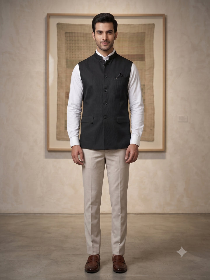 Self Design Black Nehru Jacket - B47885-104