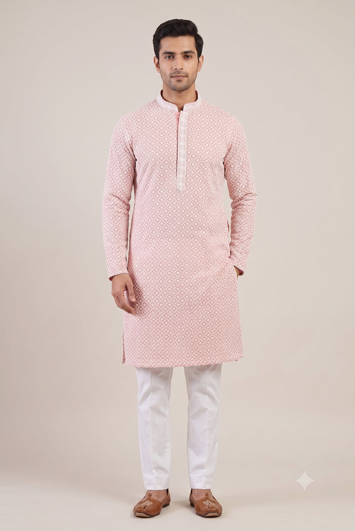 Chikan Peach Kurta Set - KM48165-1002E