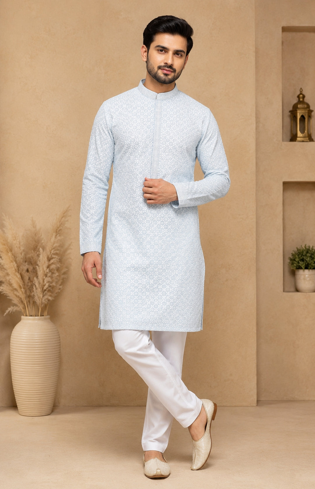 Chikan S.blue  Kurta Set - KM48165-1002A