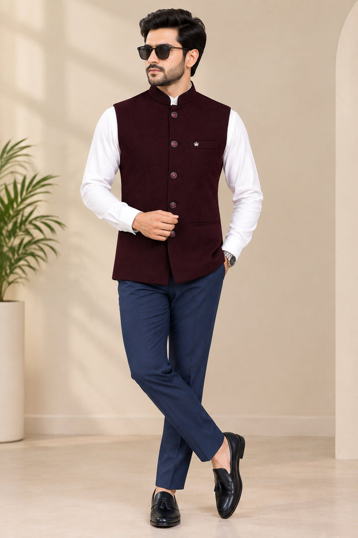 Solid Wine Nehru Jacket - B47687-6