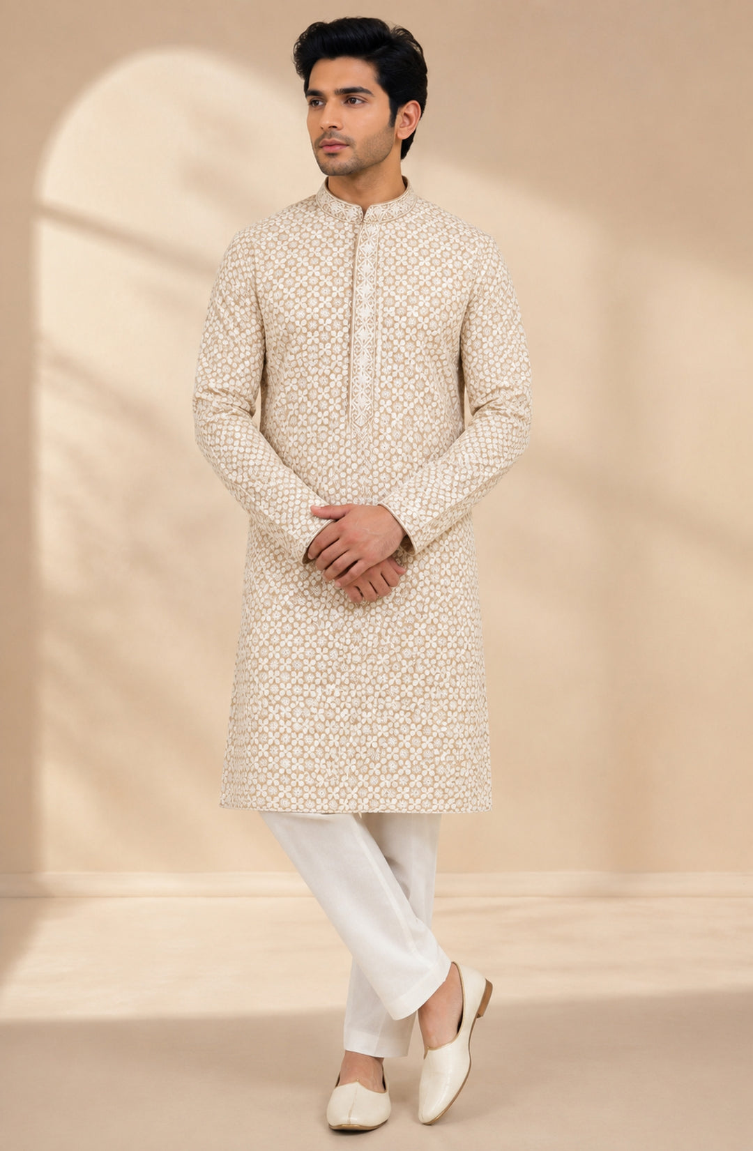 Chikan Beige Kurta Set - KM48165-1002B