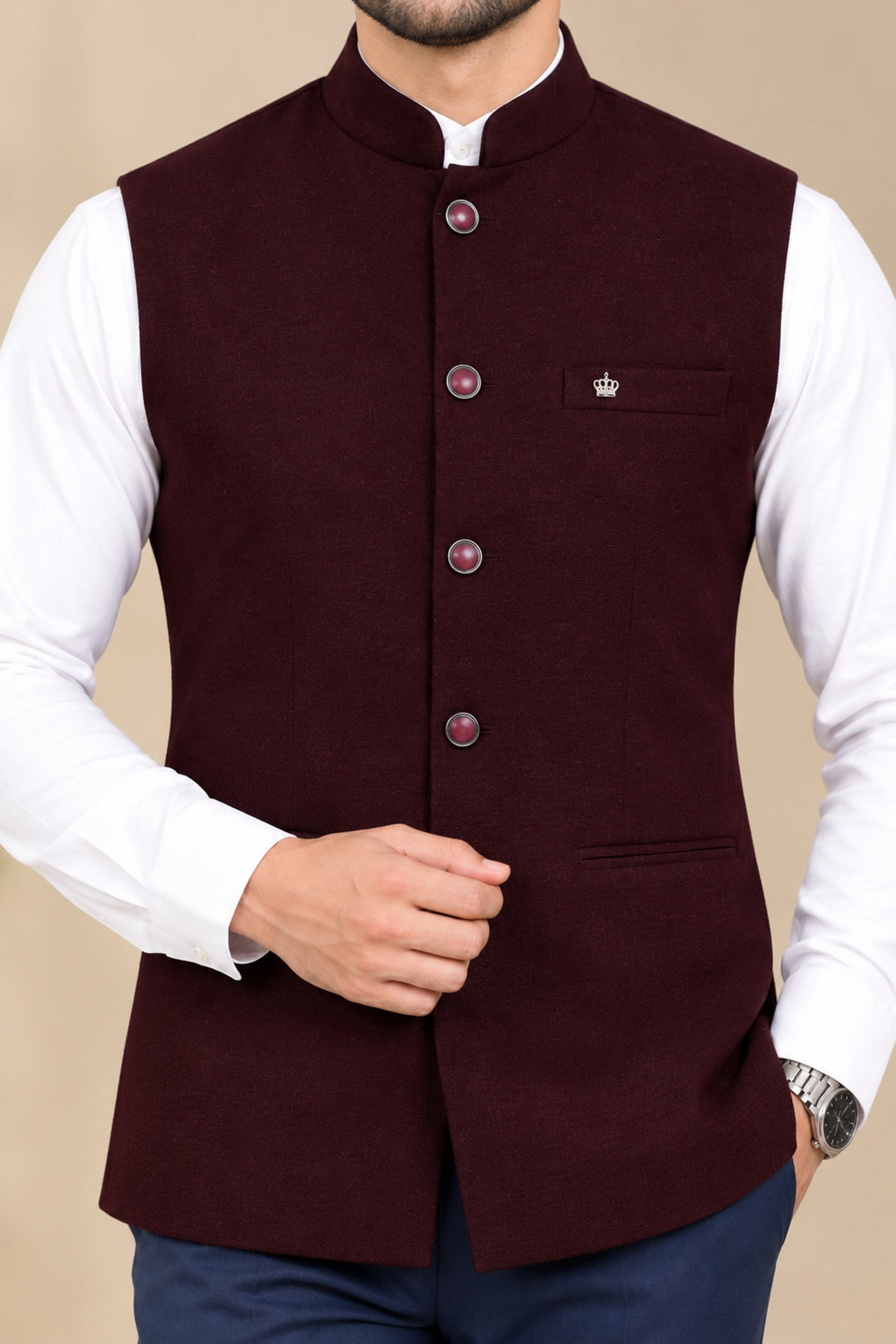 Solid Wine Nehru Jacket - B47687-6