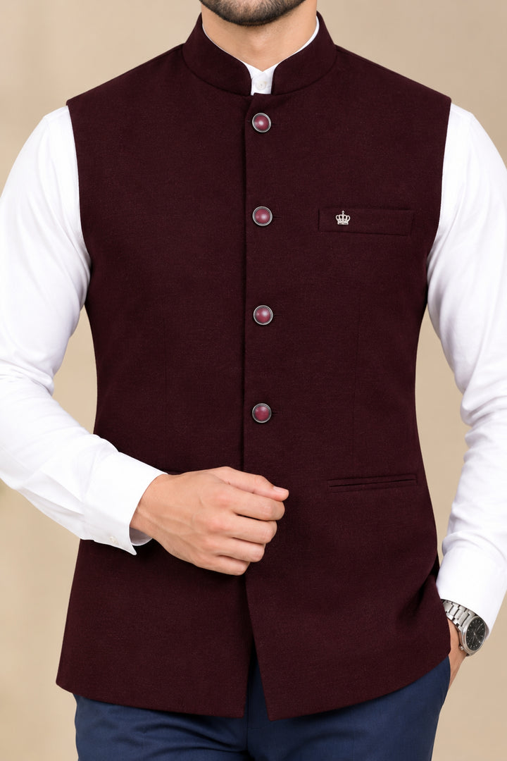 Solid Wine Nehru Jacket - B47687-6