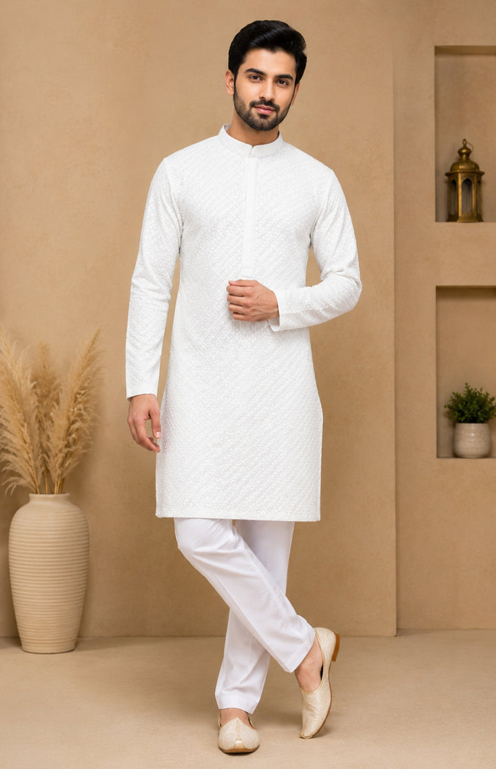 Chikan Off White Kurta Set - KM48165-1002C