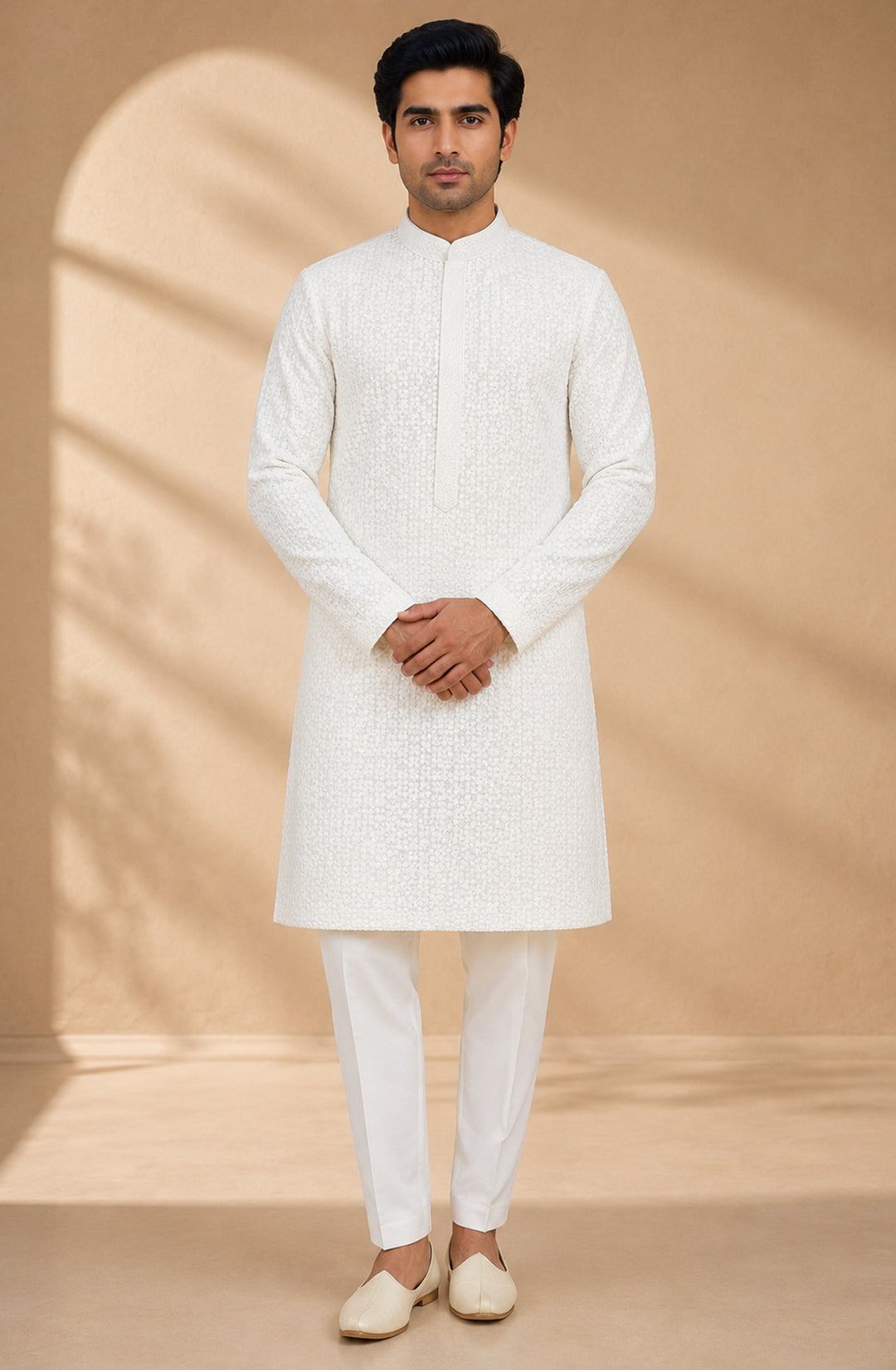 Chikan White Kurta Set - KM48165-1002F