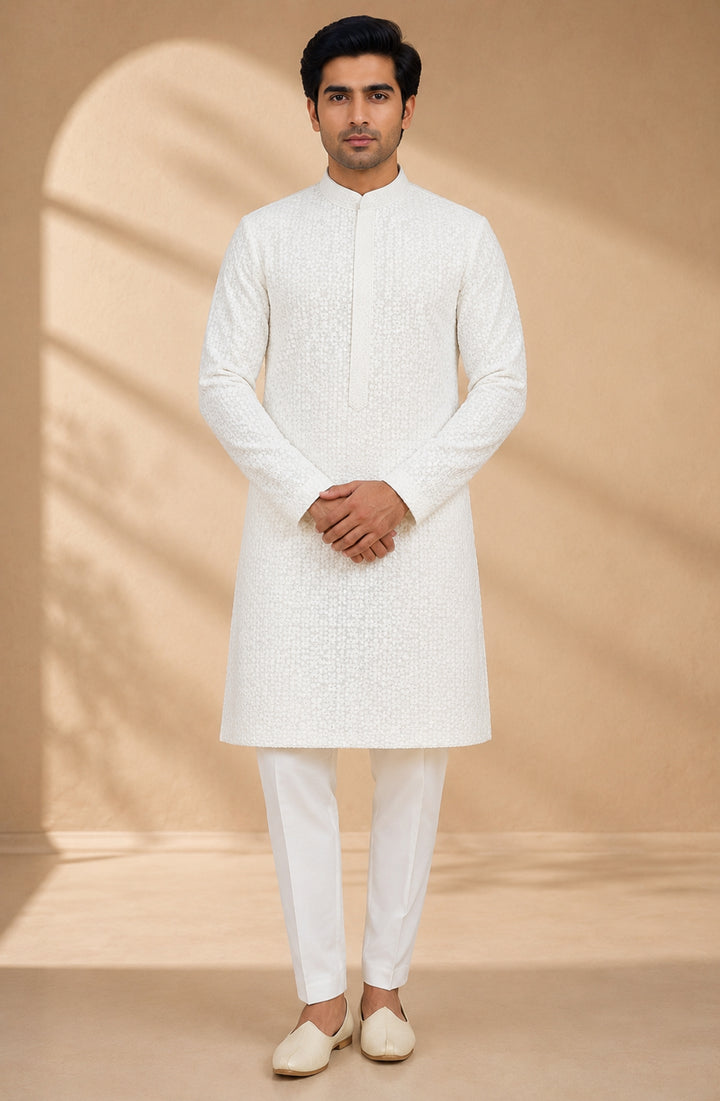 Chikan White Kurta Set - KM48165-1002F