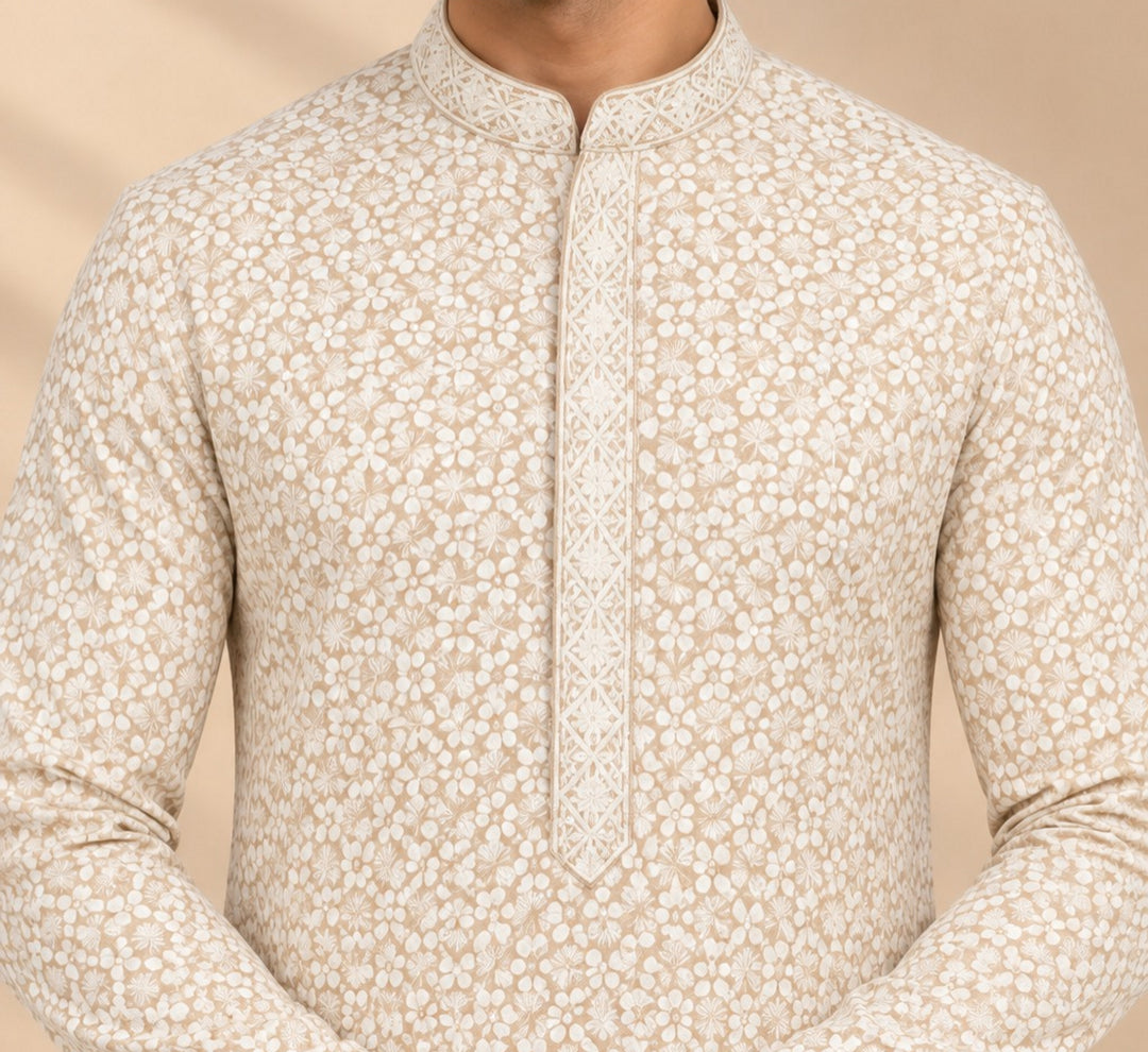 Chikan Beige Kurta Set - KM48165-1002B