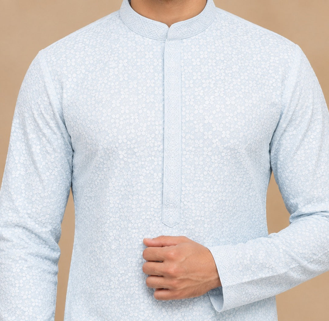 Chikan S.blue  Kurta Set - KM48165-1002A