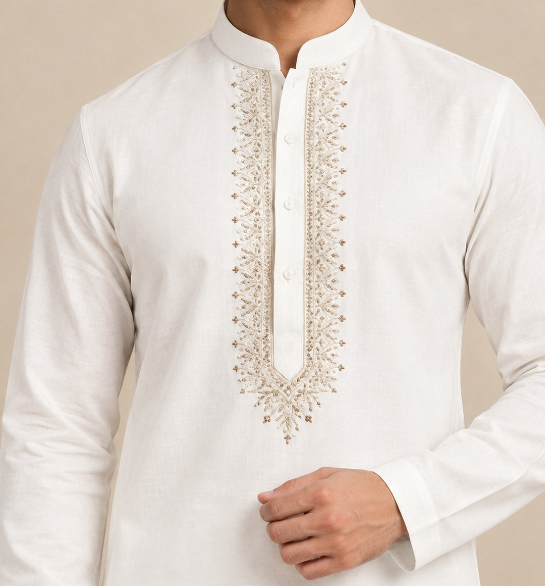 Embroidered Cream Kurta Set - K47939-102